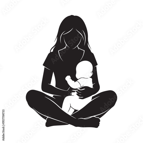 Mother Sitting with Baby Silhouette Calm Motherhood Care Vector Illustration