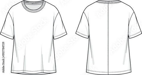 Technical Fashion Flat Sketch of a Men’s White Oversized T-Shirt Featuring a Crew Neck Short Sleeves Front and Back View