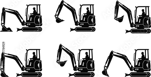 Mini Excavator Digger Silhouette Set Construction Machinery Vector Flat Illustration Isolated on White Background Design
