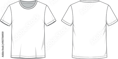 White blank t-shirt vector mockup set front and back view template for apparel design presentation clothing fashion technical drawing illustration