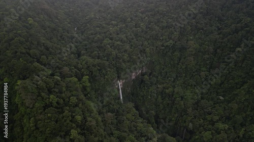 High aerial above Quebrada Gata waterfall in Costa Rica near Poas Volcano