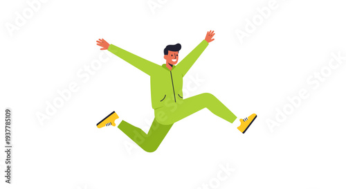 Man in Green Jumpsuit Jumping with Arms Outstretched.