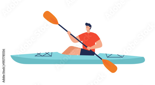 Man kayaking on a blue kayak with an orange paddle.