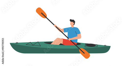 Man kayaking on a green kayak with an orange paddle.