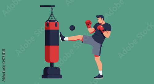 Man Kicking Punching Bag Training Martial Arts Fitness.