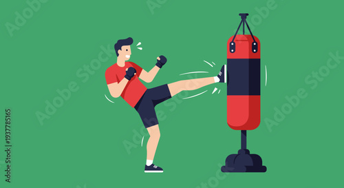 Man Kicking Punching Bag Fitness Training.