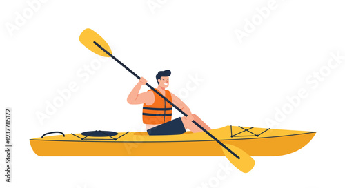 Man kayaking on a yellow kayak with a paddle.