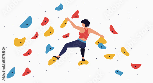 Woman Climbing Indoor Bouldering Wall with Colorful Holds.