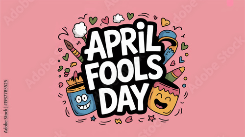 Colorful april fools day illustration with cartoon mugs and confetti on pink background