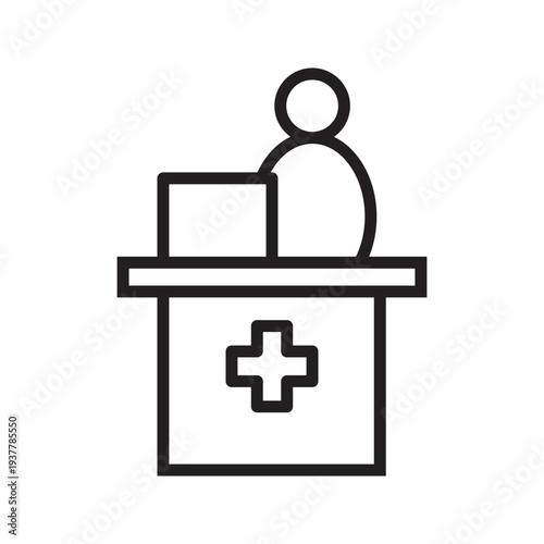 Hospital reception desk or pharmacy counter with medical cross line icon. Outline healthcare service symbol for clinic registration, hospital front desk, pharmacy service, and medical facility