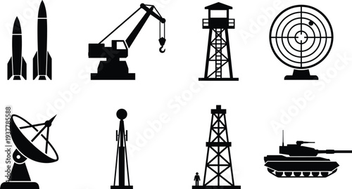 Military warfare and industrial icons set with missile tank radar tower crane flat vector illustration