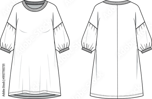 Women Drop Shoulder Balloon Sleeve T-Shirt Dress Technical Flat Sketch Front and Back View Fashion Vector Template for Apparel Design