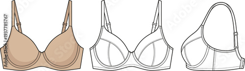 Women bra technical sketch front and side view lingerie CAD drawing flat vector illustration template