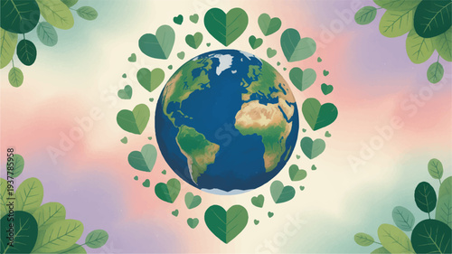 Earth surrounded by green hearts and leaves on colorful background symbolizing love for the environment and eco friendly living