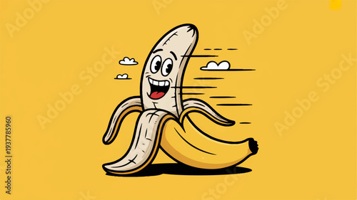 Smiling cartoon banana peel with motion lines on yellow background conveying happiness and energy