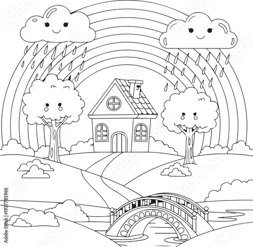 Black and white cartoon landscape with a house rainbow bridge and smiling clouds