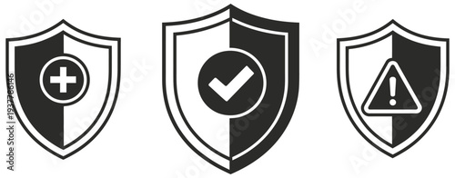 three stylized shields representing security concepts protection verification and warning, vector illustration isolated on white background for cybersecurity design, data protection graphics, app inte