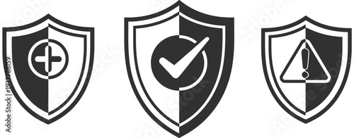 three stylized shields representing security concepts protection verification and warning, vector illustration isolated on white background for cybersecurity design, data protection graphics, app inte