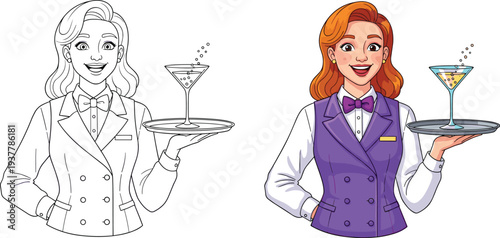 Smiling waitress character holding cocktail tray, cartoon waitress in uniform with line art coloring page, vector illustration