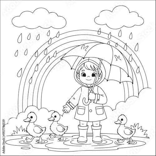 Child with umbrella and ducks in rain with rainbow and clouds line raining