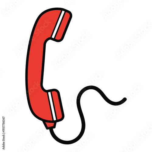 Red cartoon telephone receiver with black outline and cord icon