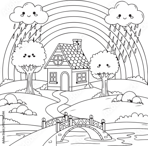 Cute cartoon house with rainbow and rain clouds on rolling hills home building