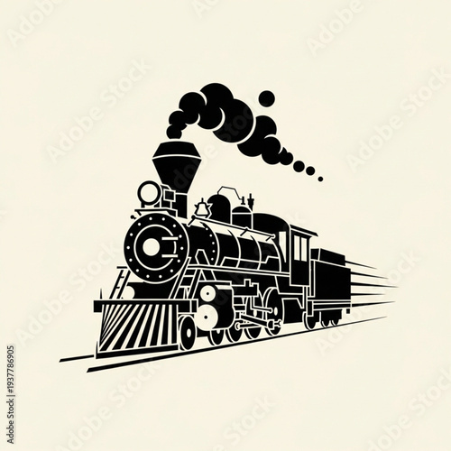 Vintage black and white illustration of a steam train locomotive in motion, emitting smoke, on a cream background.