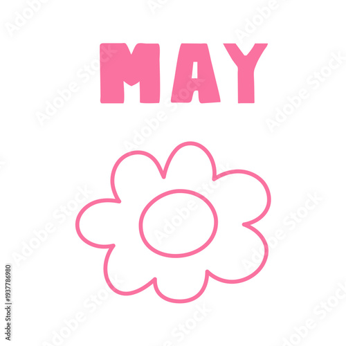 May Text with Pink Flower Outline. Minimalist Spring Vector Illustration