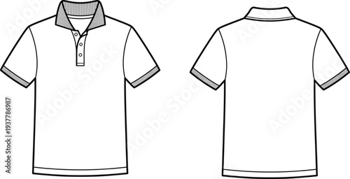 Short Sleeve Polo Shirt Technical Flat Sketch Template for Men with Ribbed Collar and Cuffs Details