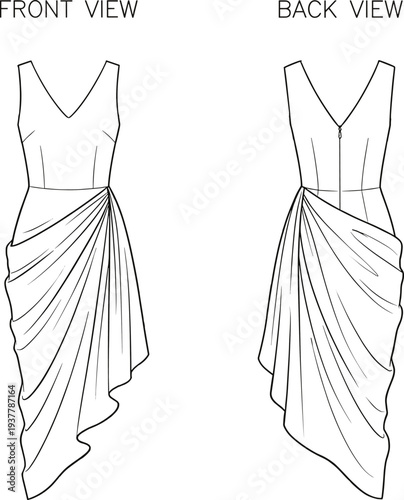 Elegant Women's V Neck Draped Sleeveless Cocktail Dress Technical Flat Sketch Template, Front and Back View