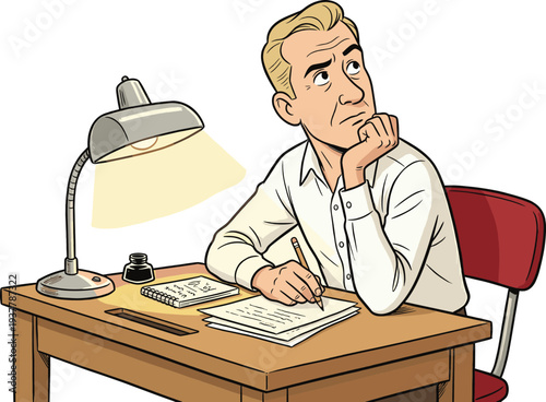 Man Writing at Desk Illustration of Creative Author Thinking and Brainstorming Story Ideas with Desk Lamp