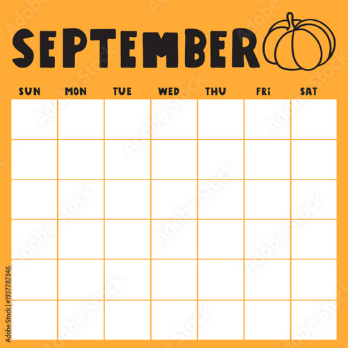 Blank September Calendar on Orange Background. Square Grid Template with White Date Cells