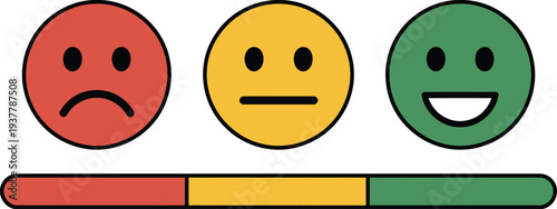 three colorful emotion faces sad happy neutral isolated on transparent background, vector illustration set for mood icons, emoji graphics, feedback ratings, mental health concepts and user interface d