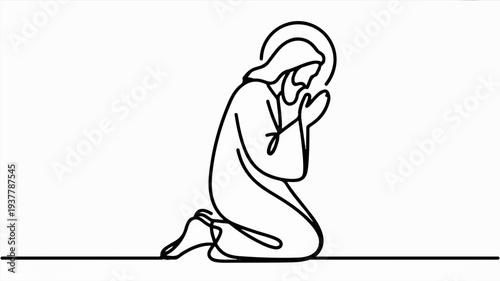 Praying woman in a simple line drawing style with hands clasped in prayer on white background with a halo