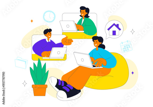 Hybrid Work Lifestyle Remote Office and Home Workspace With People Using Laptop For Online Collaboration Productivity and Digital Nomad Illustration