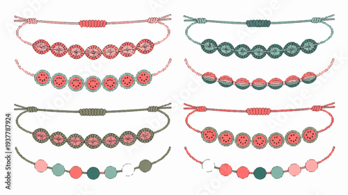 Colorful handmade friendship bracelets with beads and cord on white background perfect for gift or accessory