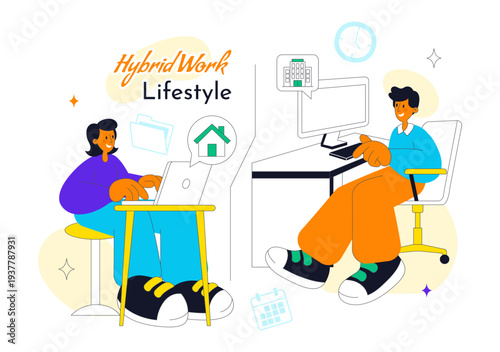 Hybrid Work Lifestyle Remote Office and Home Workspace With People Using Laptop For Online Collaboration Productivity and Digital Nomad Illustration