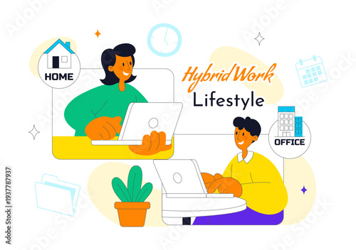 Hybrid Work Lifestyle Remote Office and Home Workspace With People Using Laptop For Online Collaboration Productivity and Digital Nomad Illustration