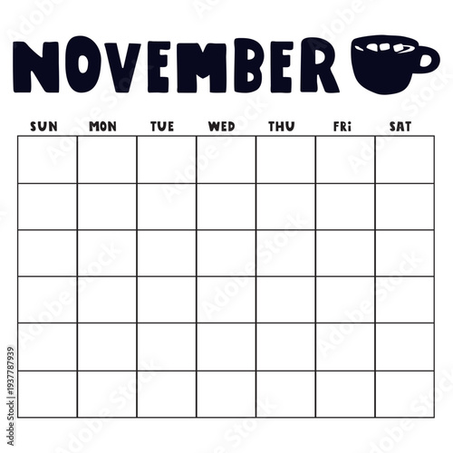 November Empty Calendar Layout. Cozy Fall Monthly Schedule for Any Year