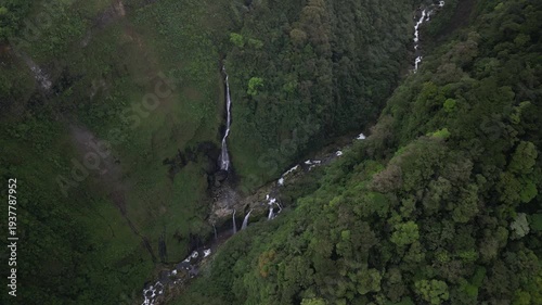 High angle aerial above Quebrada Gata scenic waterfall in Costa Rica near Poas Volcano