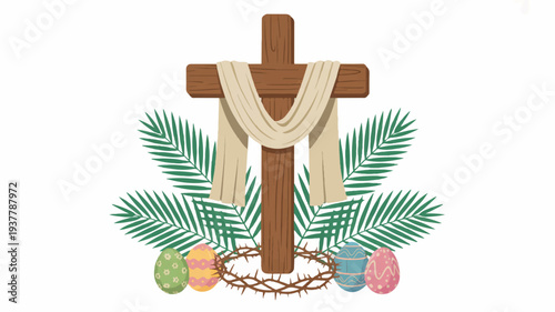 Easter cross with cloth palm branches eggs and crown of thorns on white background symbolizing resurrection and faith
