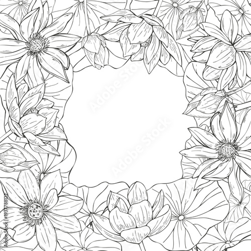 Blooming lotus flowers vector isolated horizontal border in monochrome style. Water lilies, leaves, buds rectangle frame, empty space for text. For invitation, greeting card, wellness website