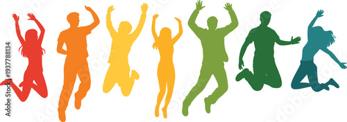 Set of colorful people silhouettes jumping with raised arms, representing joy, celebration, diversity, freedom, and energetic design for community or youth themes