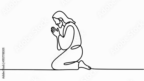 Woman kneeling in prayer minimalist line art illustration simple black outline on white background conveying spirituality and contemplation