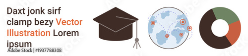 Education, global connectivity, data visualization, analytics, academic progress, international studies. Graduation cap, globe with location marks pie chart. Education and global connectivity