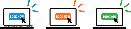 Set of laptop icons with 'BOOK NOW' call-to-action buttons in blue, orange, and green styles, representing online booking, reservation, and digital interface design