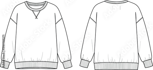 Oversize Crewneck Sweatshirt Flat Vector Illustration Technical Sketch Template for Fashion Design Apparel Mockup with Drop Shoulder and Ribbed Details