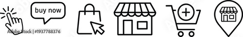 Set of online shopping and e-commerce icons in black and white, including buy now, shopping cart, storefront, bag, cursor, and location pin designs