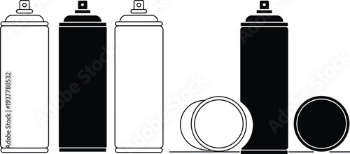 Set of spray paint can icons in outline and solid styles, showing upright and horizontal positions, representing art supplies, graffiti, and creative design
