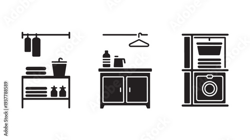 Black And White Kitchen And Laundry Room Icons For Home And Household Concepts